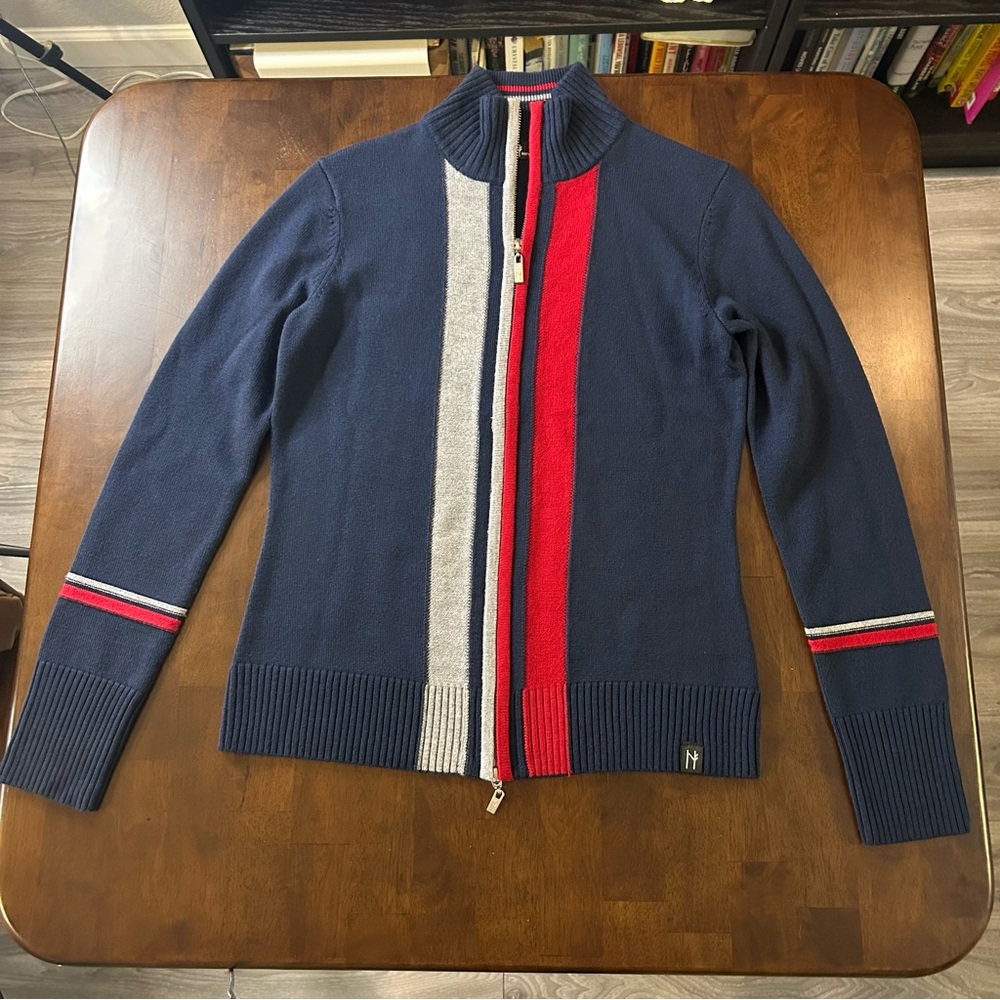 Navy Zip-Front Sweater Cardigan with Red & Gray Stripe